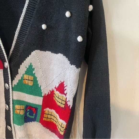 VNTG Christmas Sweater Knit Cardigan SZ Small Snow House Detail Ugly Holiday - Picture 4 of 7
